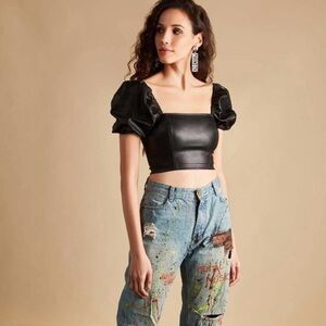 NWT 7 for all Mankind Brown Puff Sleeve Faux Leather Top Shirt Stretchy Zipper